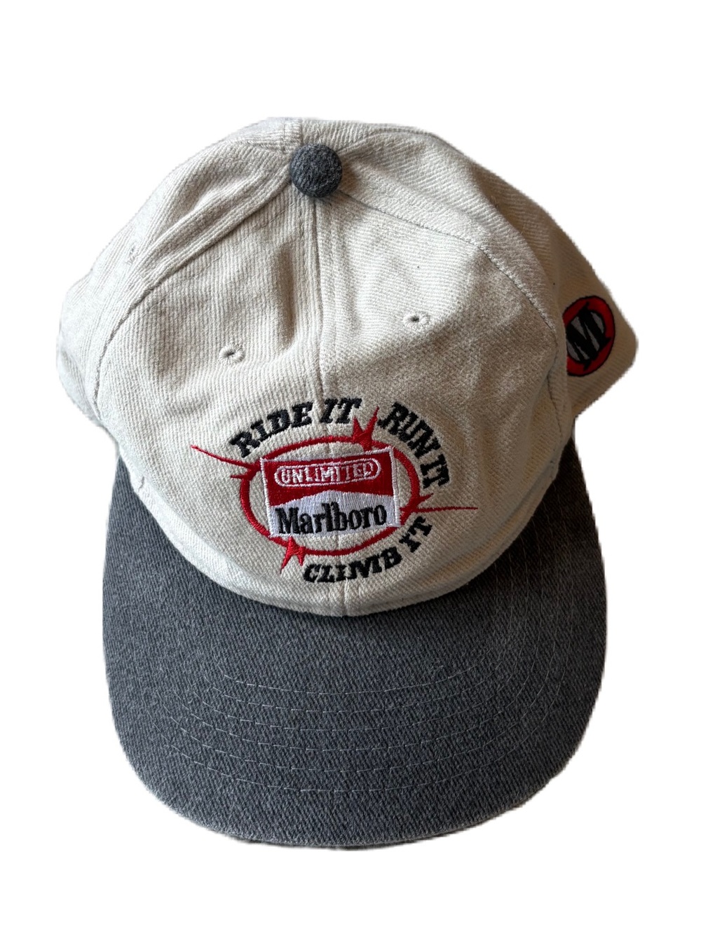 Vintage Marlboro Ride It Run It Climb It Hat Tan Gray Adjustable Cigarettes 90s - Picture 1 of 4